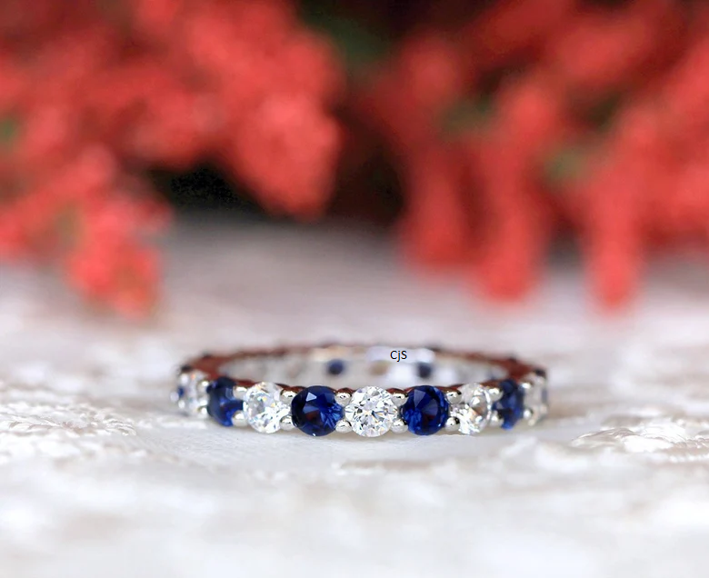 Blue Sapphire & Diamond Gold Band – Dainty Anniversary or Wedding Ring
