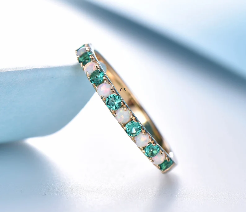 Opal & Emerald Diamond Cut Band Ring | 2mm Gemstone Eternity Ring | Minimal Fine Jewelry