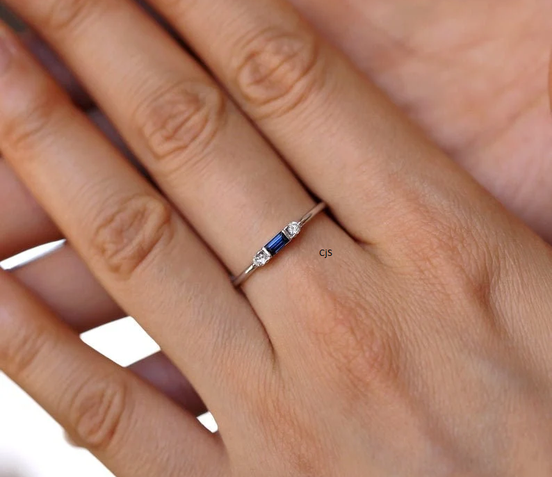 Diamond & Blue Sapphire Band Ring | 2×4mm Emerald-Cut & 2mm Round Gemstone Ring