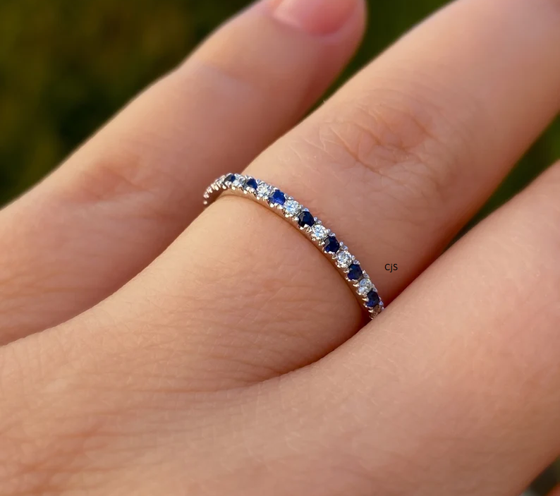 Diamond & Blue Sapphire Band Ring | 2mm Gemstone Wedding & Stackable Ring