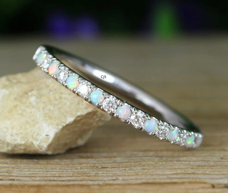 Opal & Diamond Band Ring – 2mm Stone Size | Minimal Luxury Jewelry