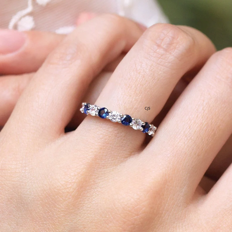 Blue Sapphire & Diamond Gold Band – Dainty Anniversary or Wedding Ring