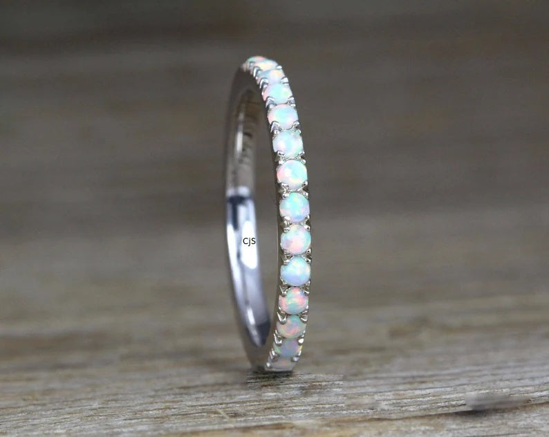RINGVERA Opal Round Cabochon Band Ring | 2mm Natural Opal Stackable Ring