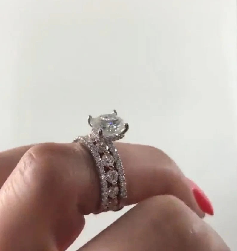 Moissanite Wedding Ring 3Pcs Set | 7mm Cushion-Cut Center Stone with 2mm Matching Band