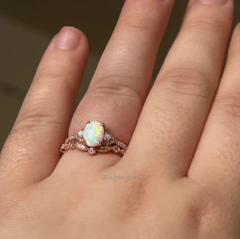 Opal Wedding Ring Set | 8×10mm Oval Opal with Moissanite Gemstone Band Ring