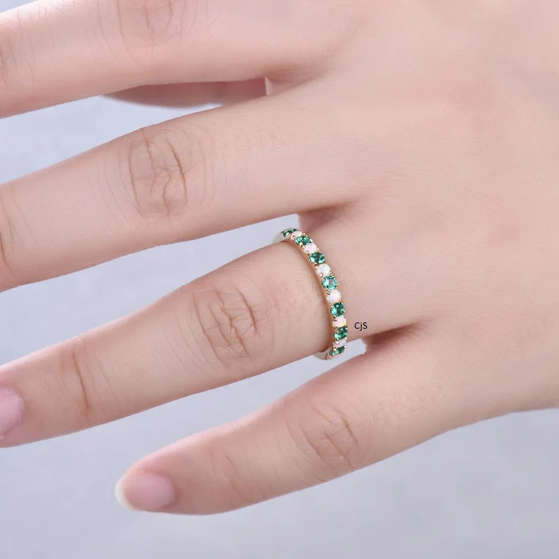 Opal & Emerald Diamond Cut Band Ring | 2mm Gemstone Eternity Ring | Minimal Fine Jewelry