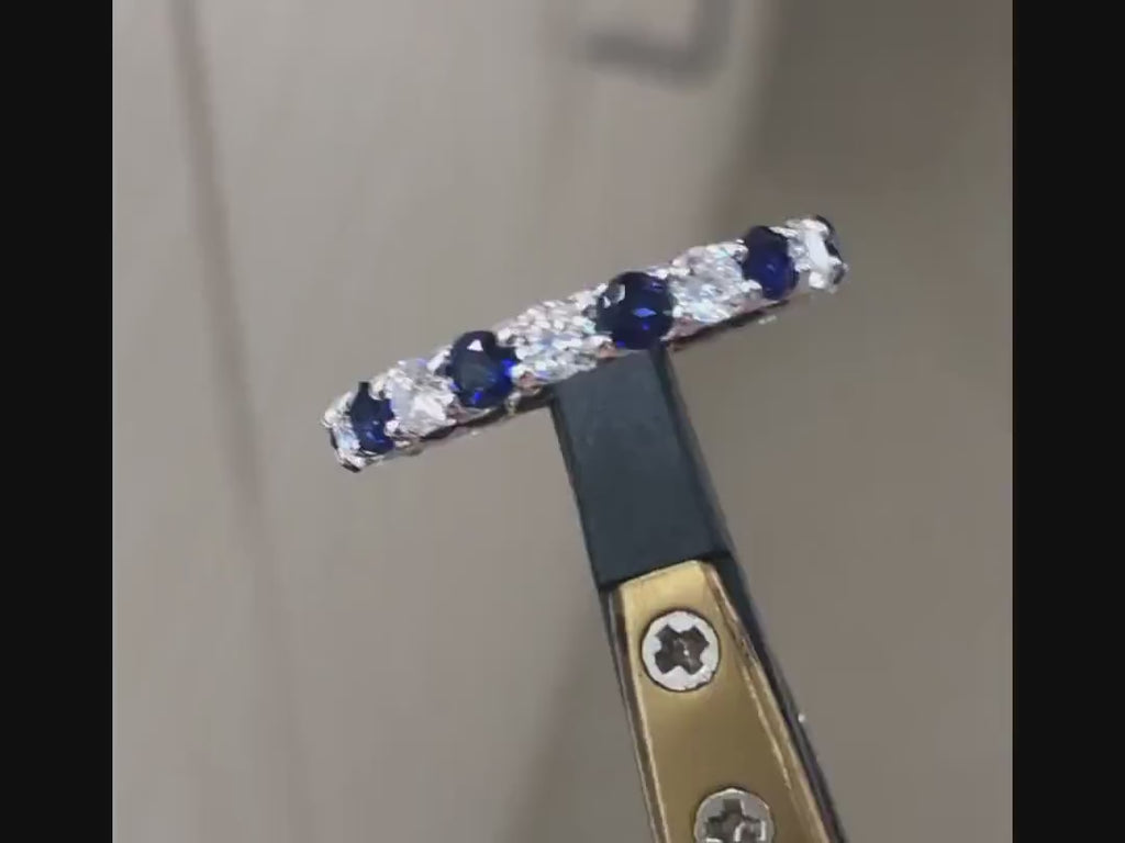 Blue Sapphire & Diamond Gold Band – Dainty Anniversary or Wedding Ring